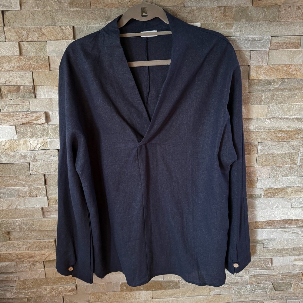 Kidoriman Navy Linen V-Neck Pullover Shirt Japanese Minimalist Lagenlook M/L